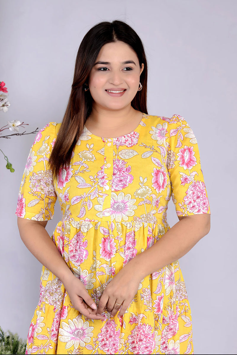 Women Yellow Floral Printed Cotton Dress