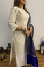 White Chikankari Schiffli Banarasi Cotton Suit Set With Blue Dupatta