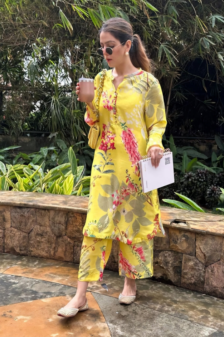 Yellow Printed Muslin Co-ord Set Main image