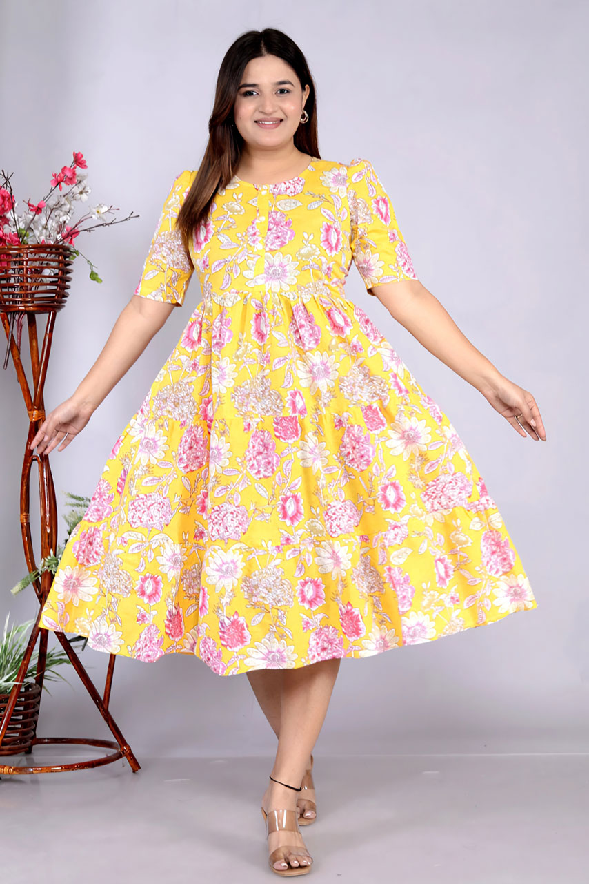 Yellow Floral Printed Cotton Dress Main image
