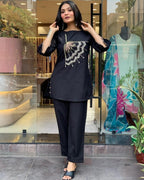 Taraash Black Floral Embroidered Flex Cotton Co-ord Set