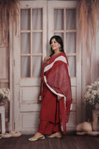 Taraash Cherry Red Bandhani Chevron Kodi Work Printed Cotton Suit Set
