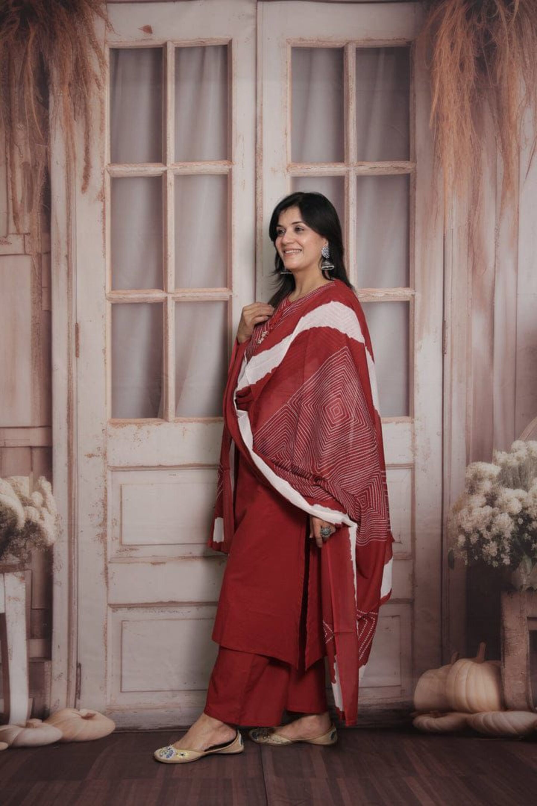 Taraash Cherry Red Bandhani Chevron Kodi Work Printed Cotton Suit Set