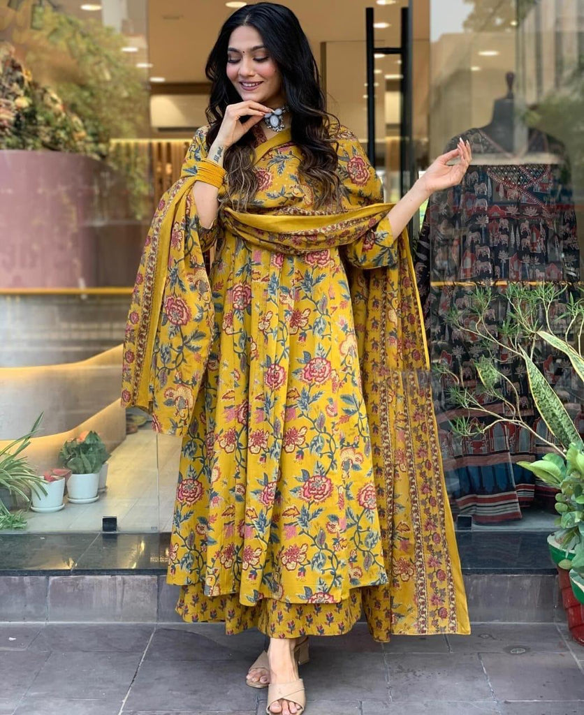 Yellow Floral Printed Cotton Suit Set
