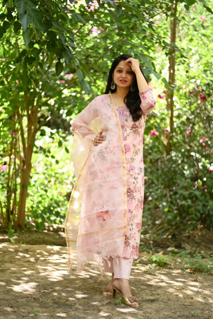 Pink Floral Print Cotton Suit Set
