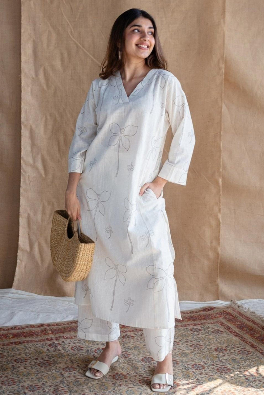 White Floral Printed Cotton Kurta Set