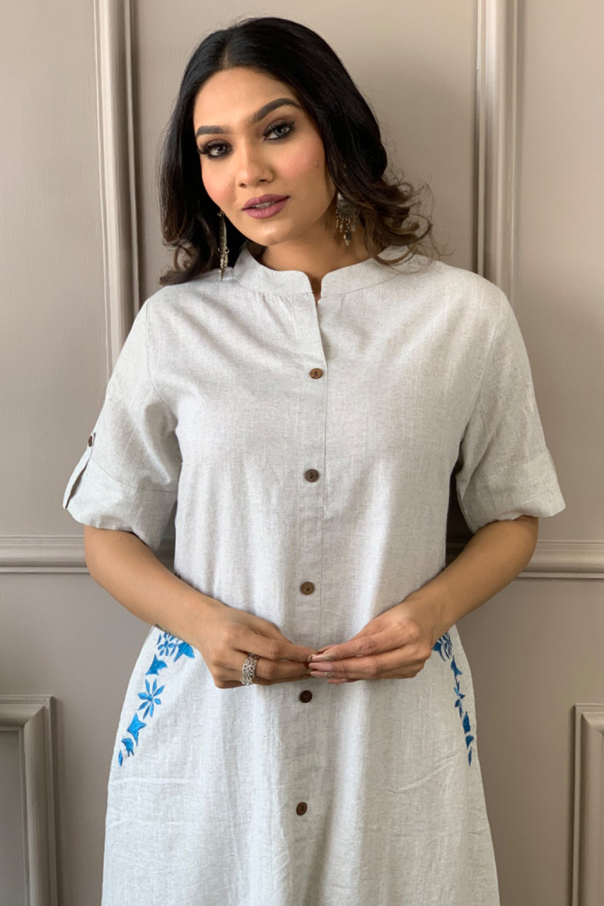 Gray South Cotton Embroidered Kurta Set
