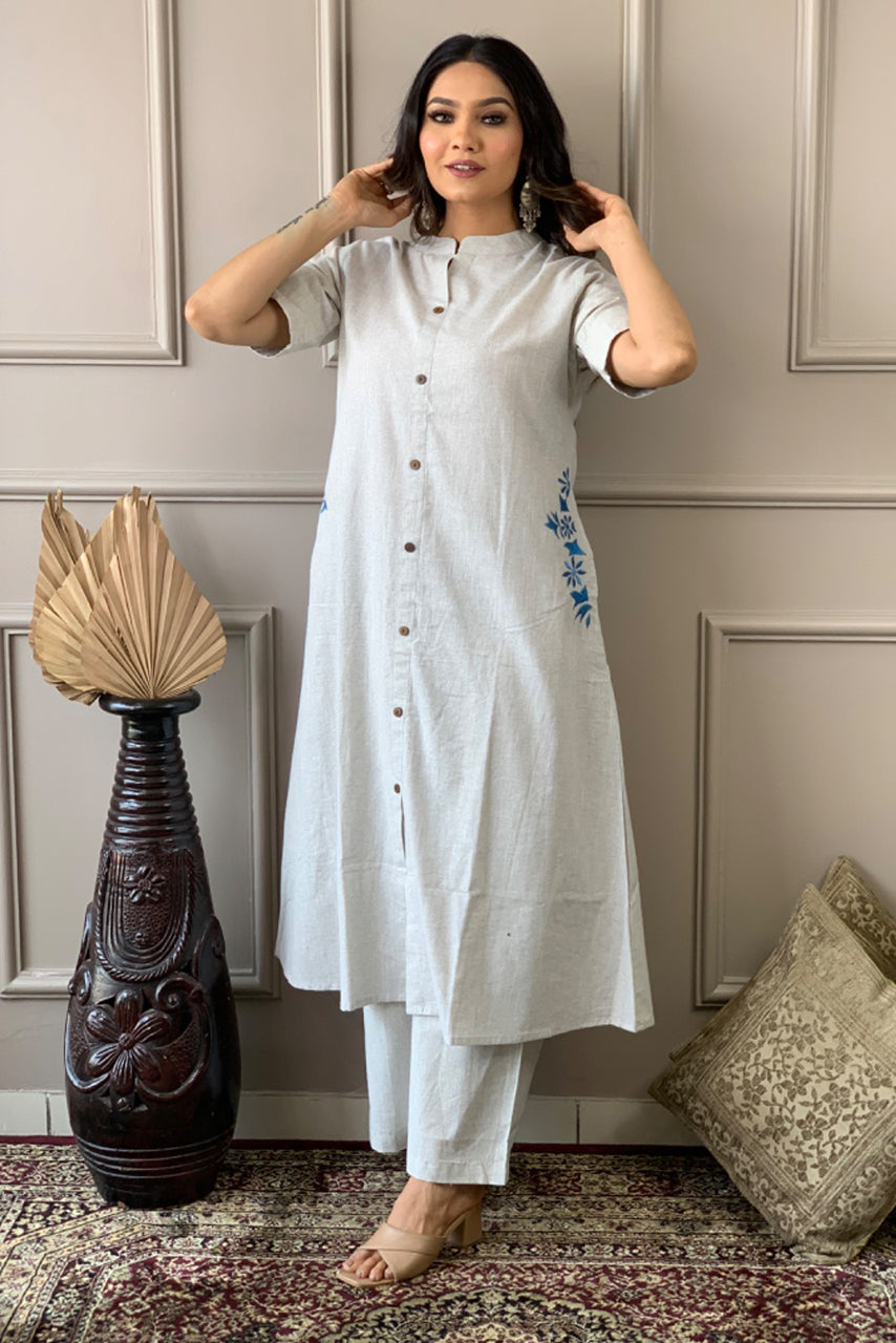 Gray South Cotton Embroidered Kurta Set
