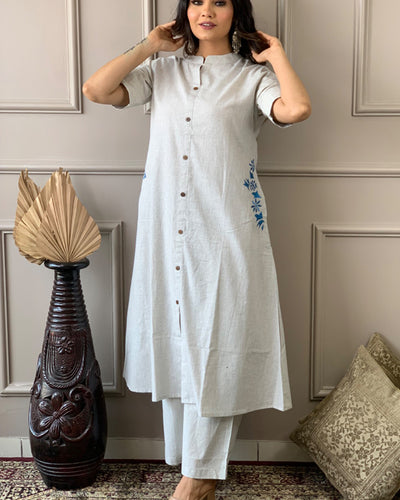 Gray South Cotton Embroidered Kurta Set