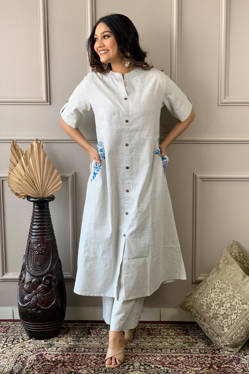Gray South Cotton Embroidered Kurta Set