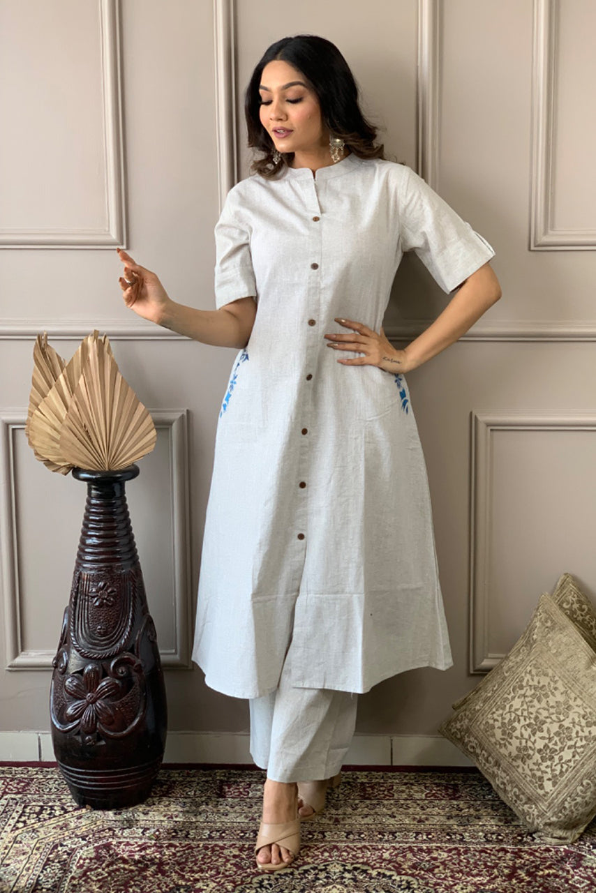 Gray South Cotton Embroidered Kurta Set