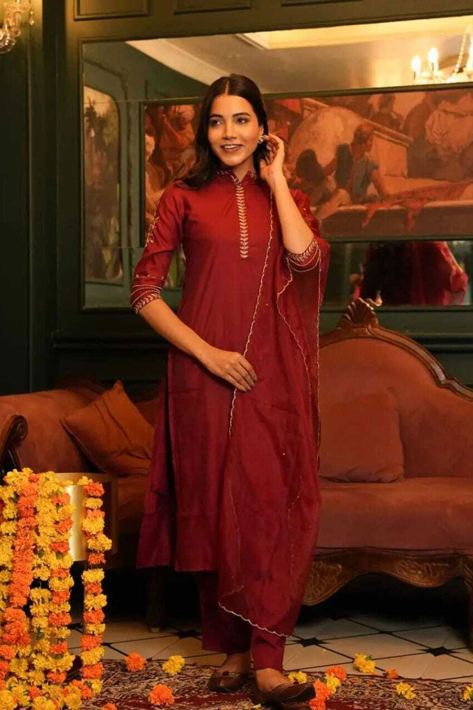 Red Muslin Gold Zari Embroidered Suit Set
