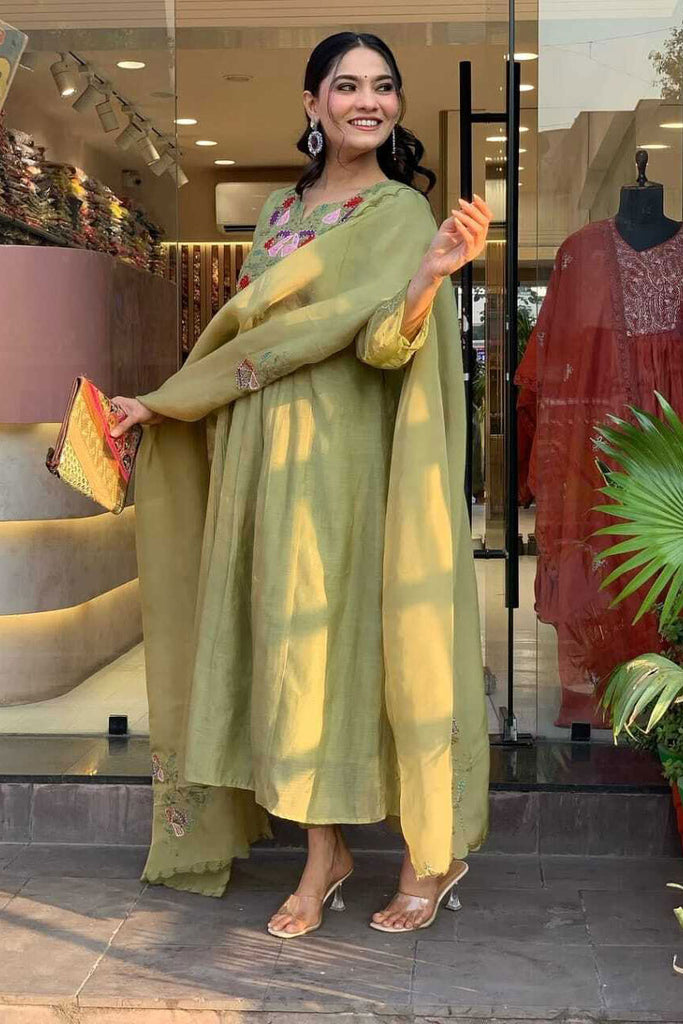 Green Embroidered Cotton Suit Set