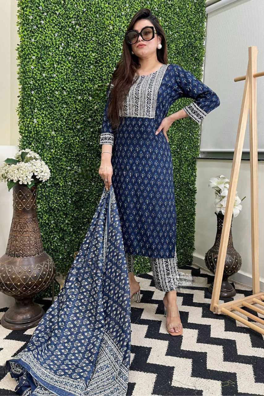 Blue Cotton Hand Block Printed Suit Set