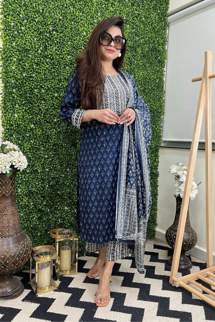 Blue Cotton Hand Block Printed Suit Set