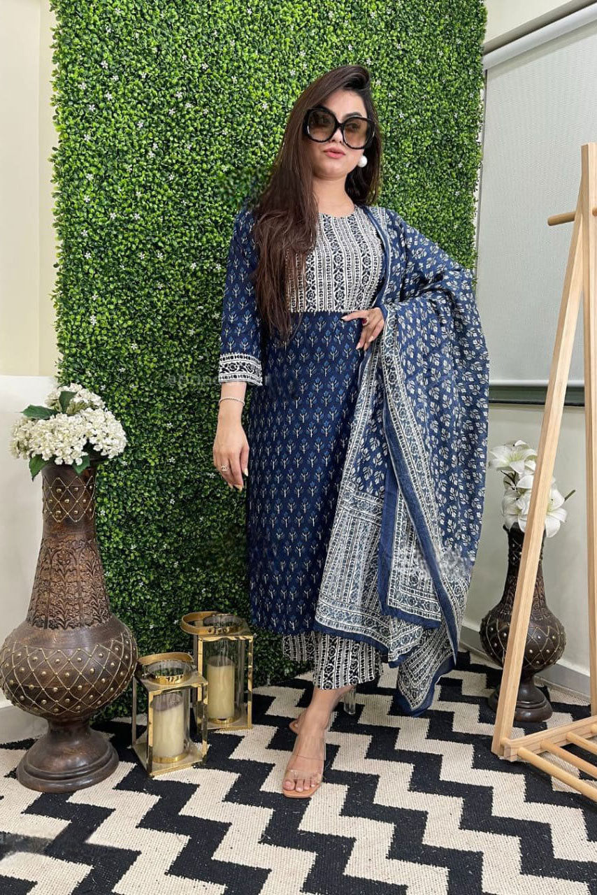 Blue Cotton Hand Block Printed Suit Set