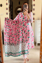 White Floral print Cotton Suit Set