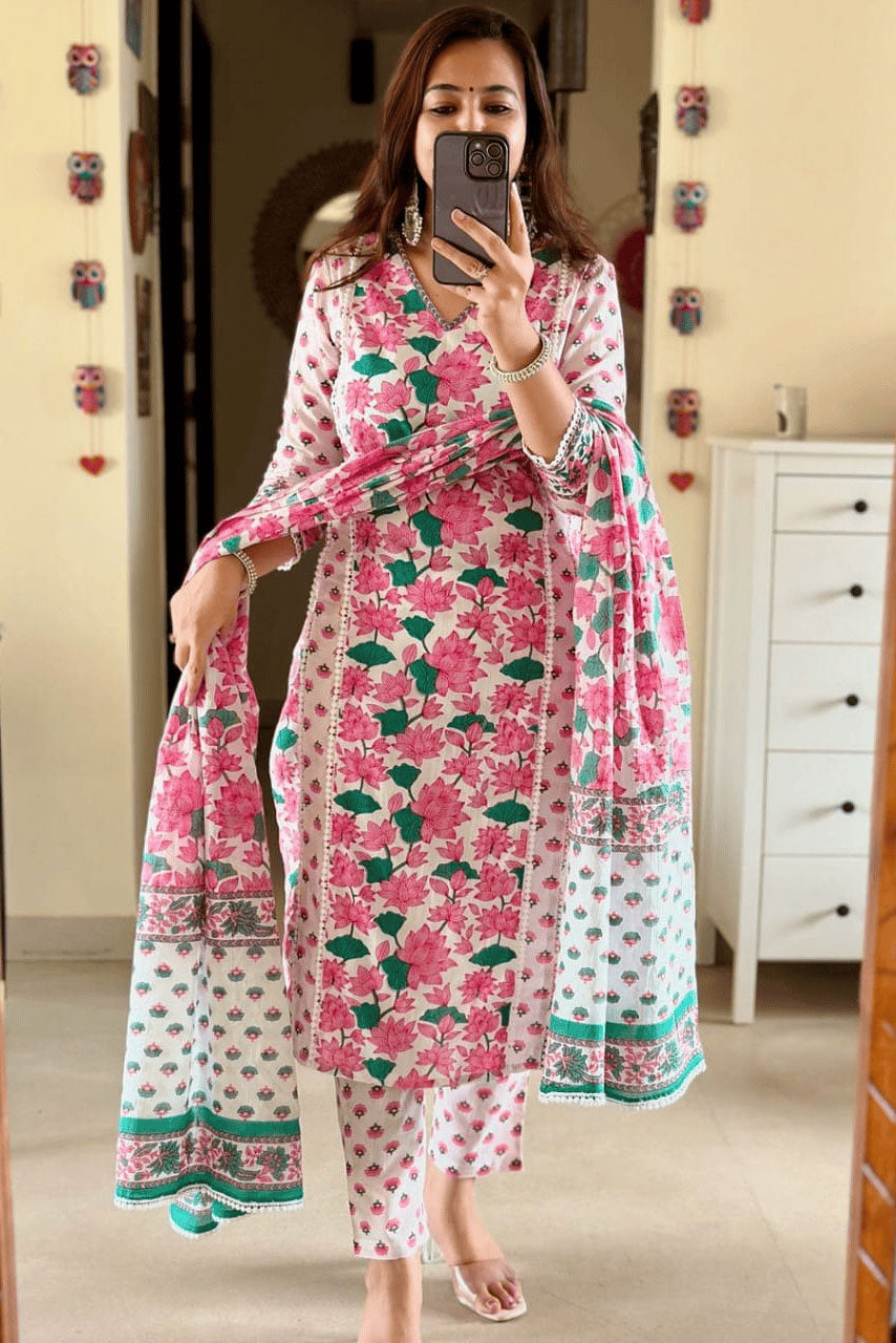 White Floral print Cotton Suit Set Secondary image