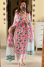 White Floral print Cotton Suit Set