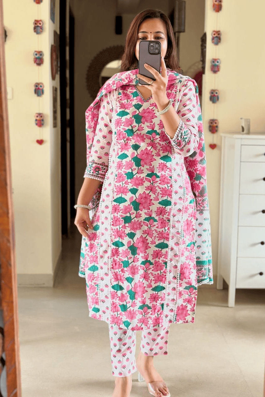 White Floral print Cotton Suit Set