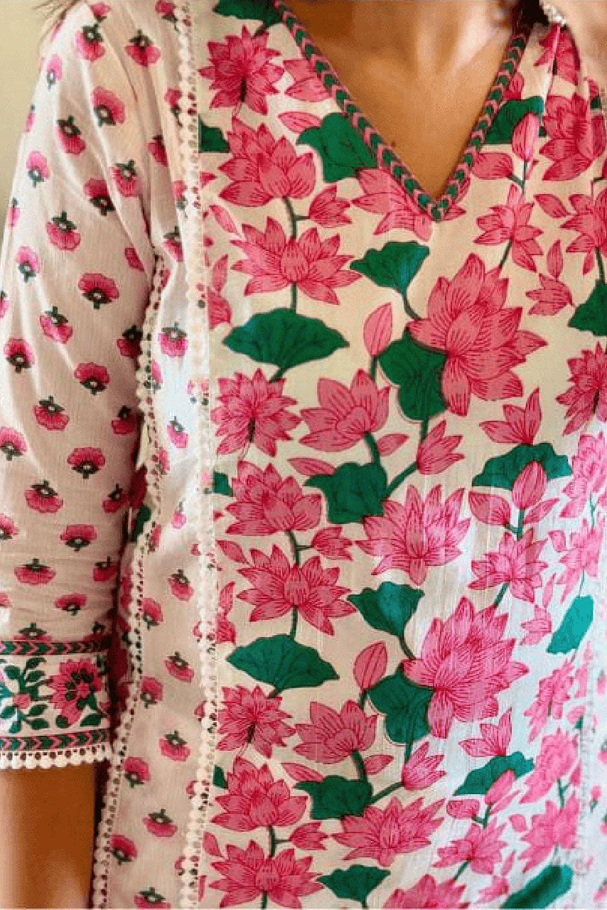 White Floral print Cotton Suit Set