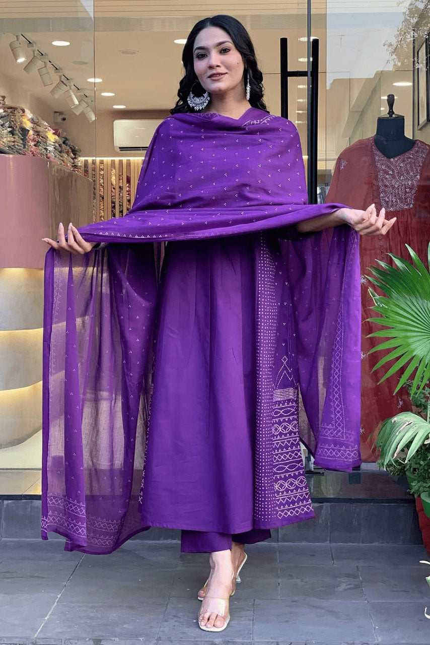 Purple Embroidered Cotton Suit Set Main image