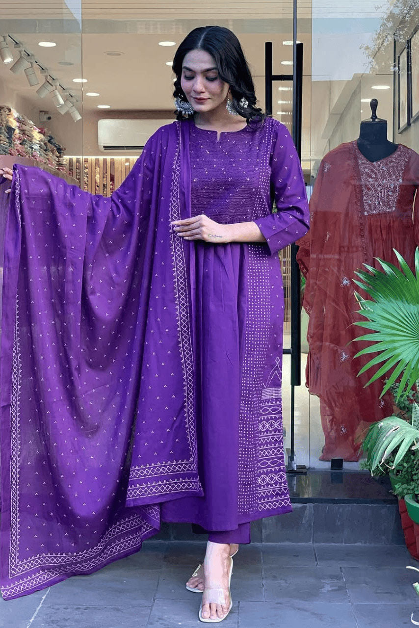 Purple Embroidered Cotton Suit Set Secondary image