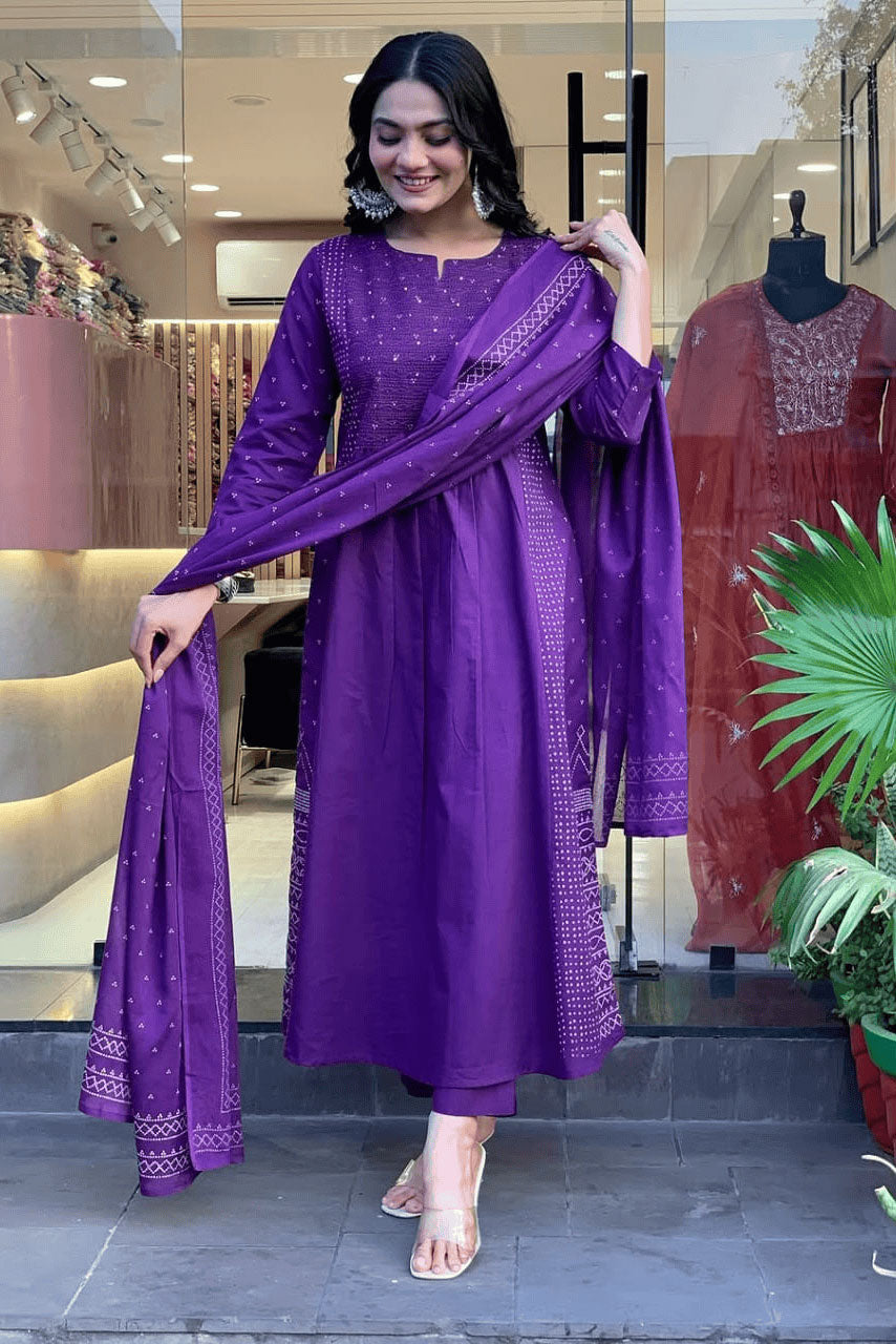 Purple Embroidered Cotton Suit Set