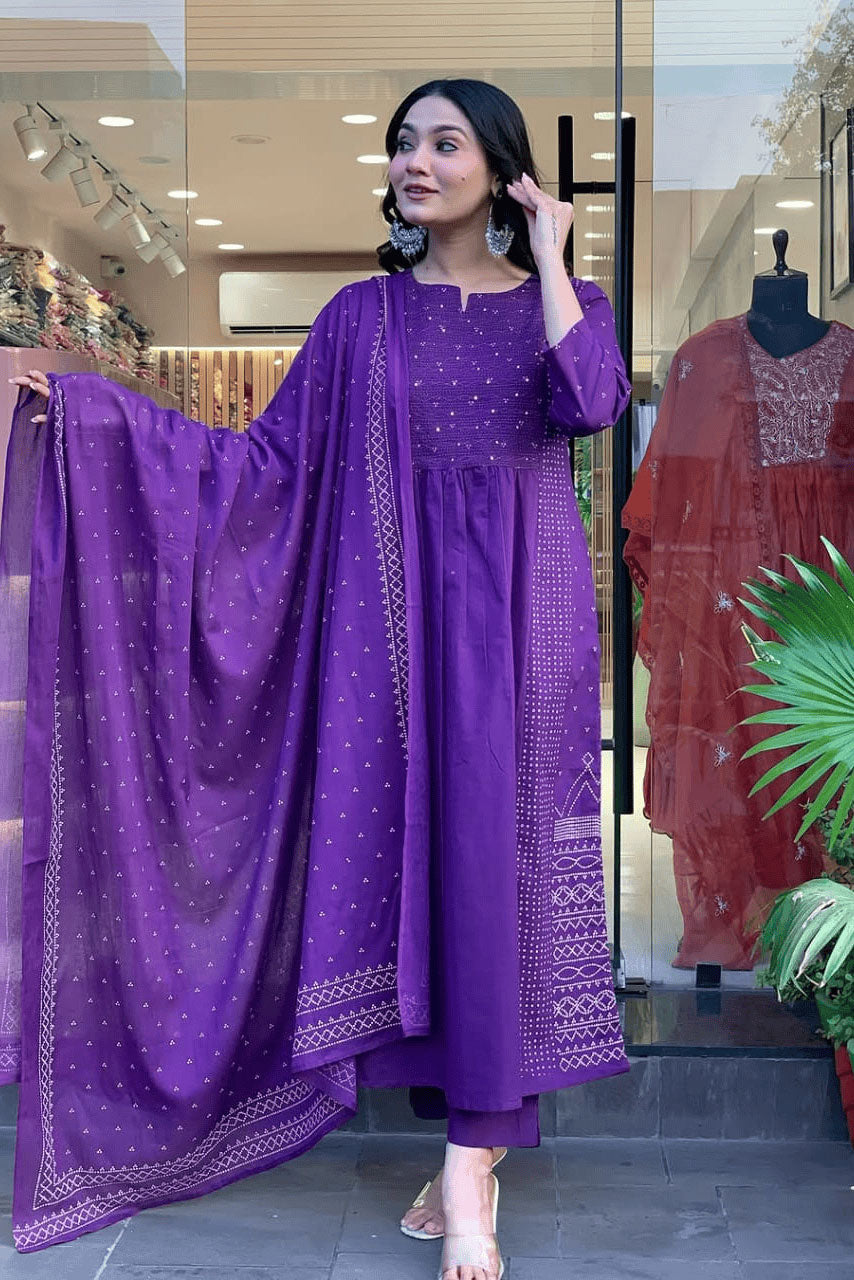 Purple Embroidered Cotton Suit Set