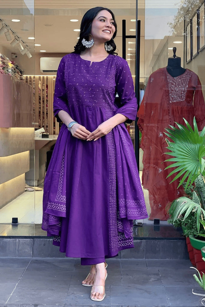 Purple Embroidered Cotton Suit Set