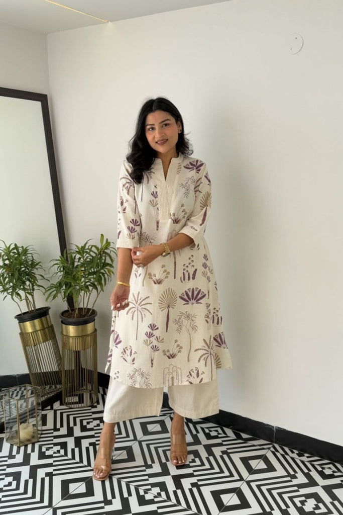White Floral Printed Cotton Kurta Set