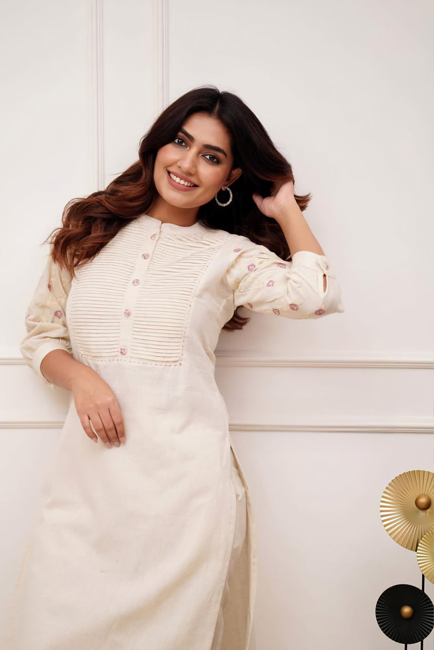 Ivory Embroidered Cotton Kurta Set