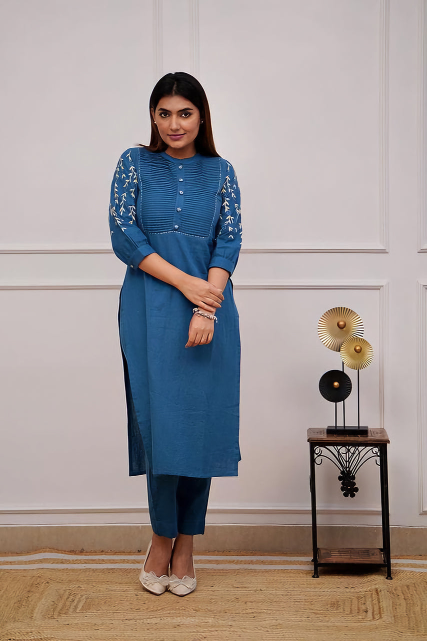 Blue Embroidered Cotton Kurta Set Main image