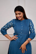Blue Embroidered Cotton Kurta Set
