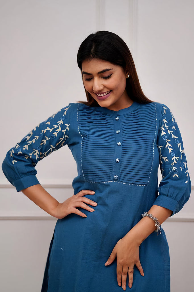 Blue Embroidered Cotton Kurta Set