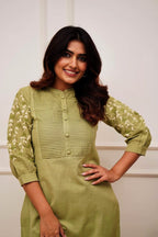 Green Embroidered Cotton Kurta Set