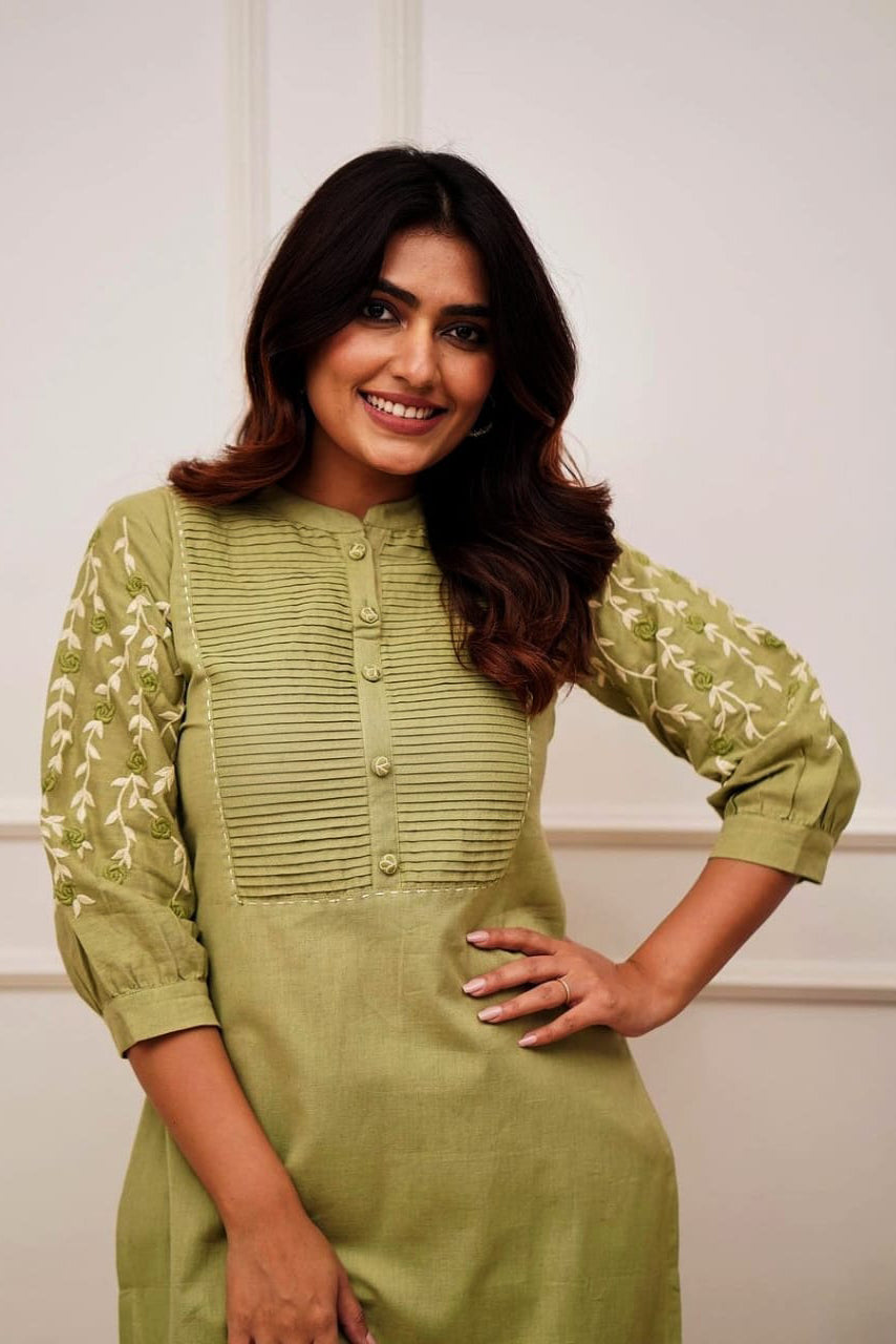 Green Embroidered Cotton Kurta Set