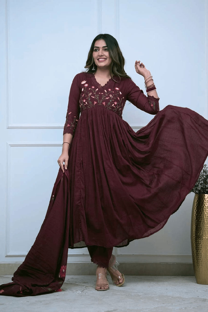 Maroon Floral Embroidered Cotton Suit Set