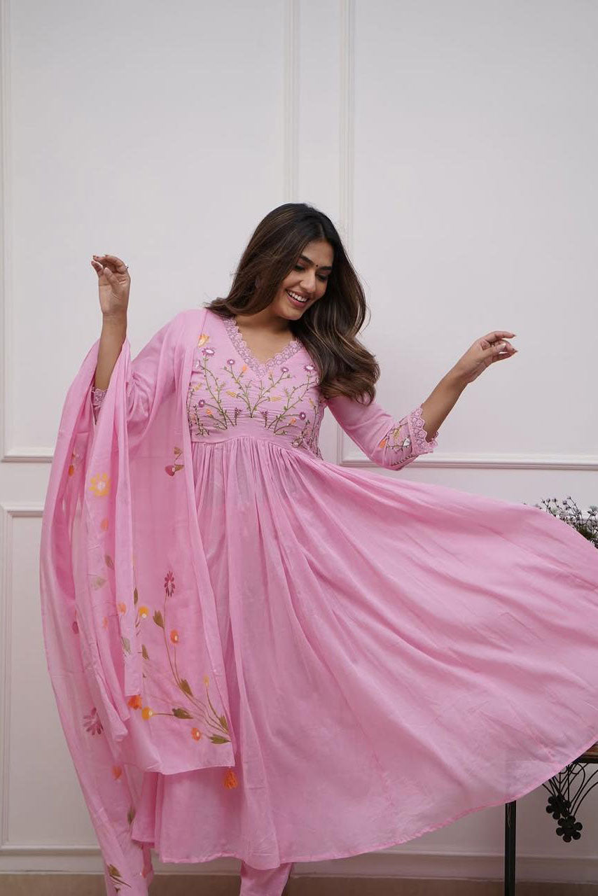 Pink Floral Embroidered Cotton Suit Set Secondary image