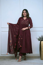 Maroon Floral Embroidered Cotton Suit Set