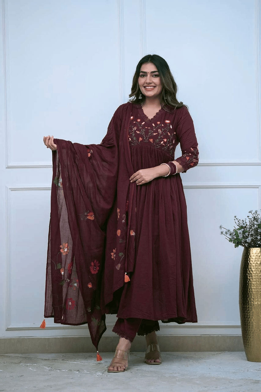 Maroon Floral Embroidered Cotton Suit Set