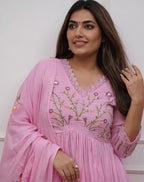 Pink Floral Embroidered Cotton Suit Set