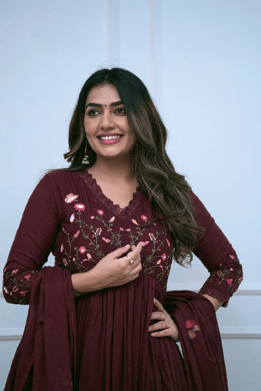 Maroon Floral Embroidered Cotton Suit Set