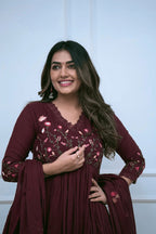 Maroon Floral Embroidered Cotton Suit Set