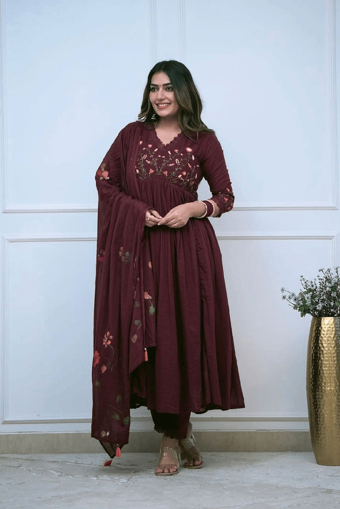 Maroon Floral Embroidered Cotton Suit Set
