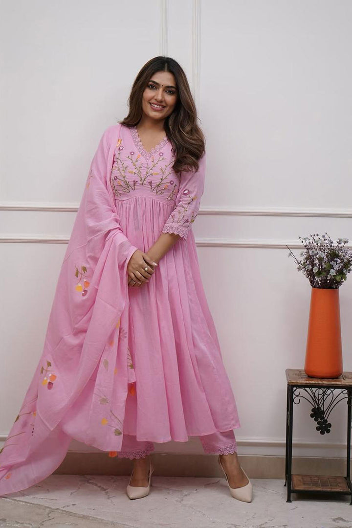 Pink Floral Embroidered Cotton Suit Set