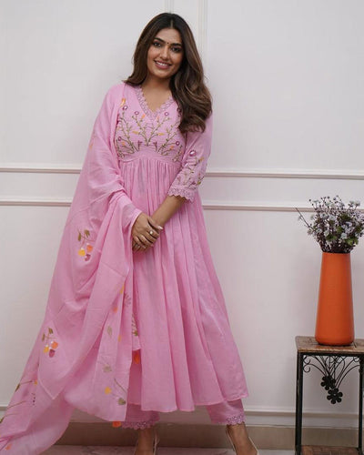 Pink Floral Embroidered Cotton Suit Set