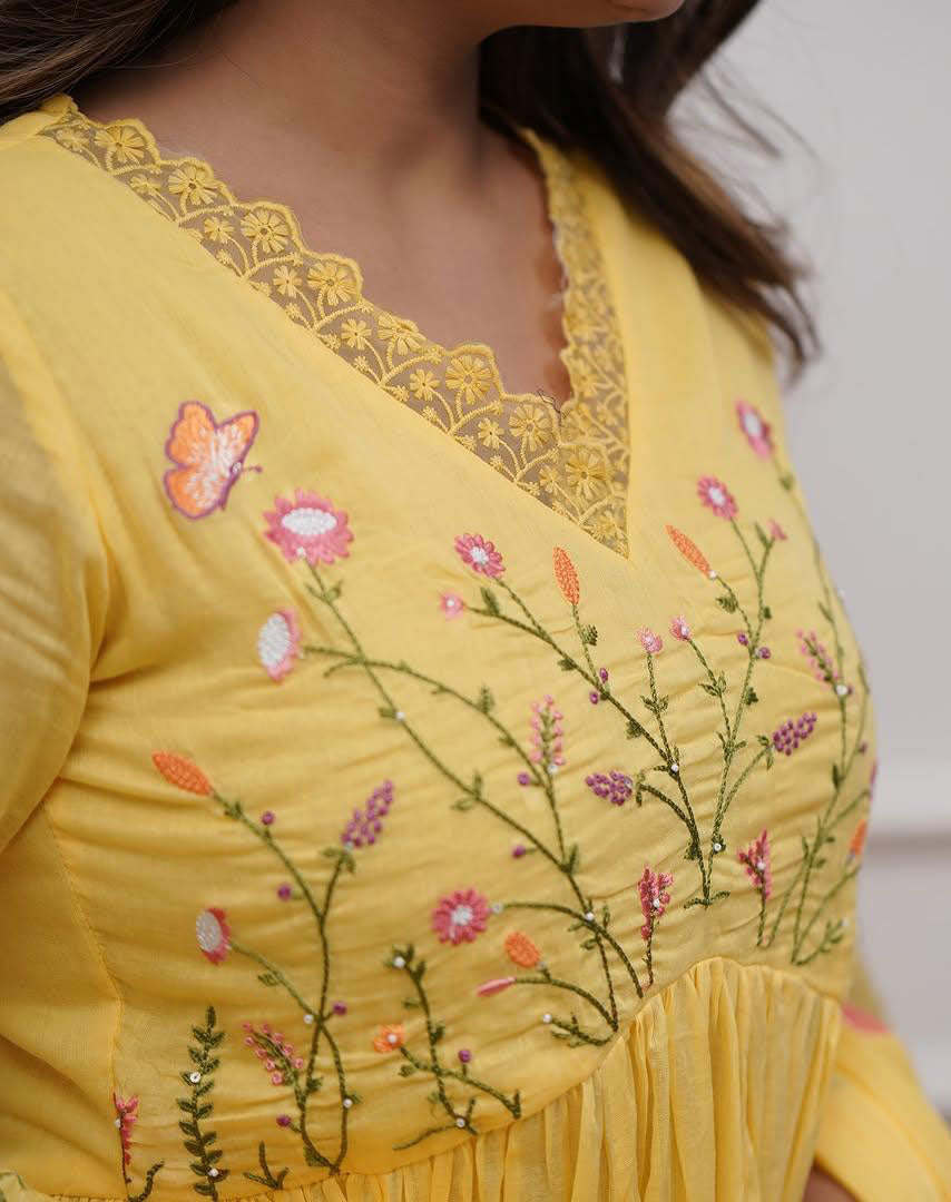 Yellow Embroidered Cotton Suit Set