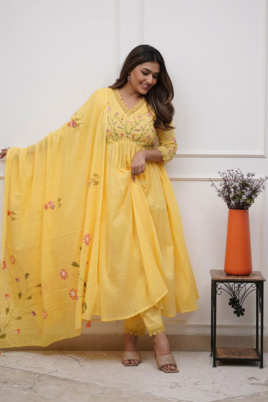 Yellow Embroidered Cotton Suit Set Main image