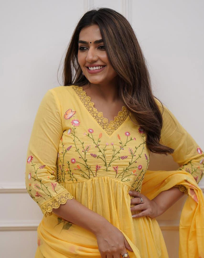 Yellow Embroidered Cotton Suit Set